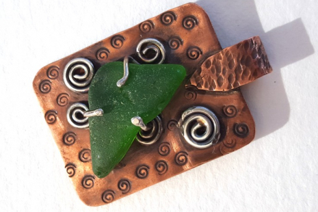Green Sea Glass Copper Pendant Sterling Spirals