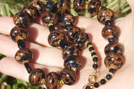 Sparkling Blue and Brown Goldstone Gold Necklace