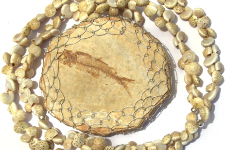 Fossil Fish Pendant with Shell Necklace Handmade