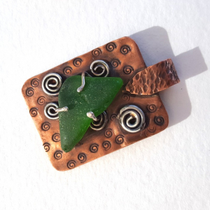 Green Sea Glass Copper Pendant Handcrafted Necklace