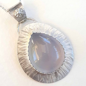 Pale Blue Quartz Chalcedony Sterling Silver Teardrop Heart Pendant Handmade