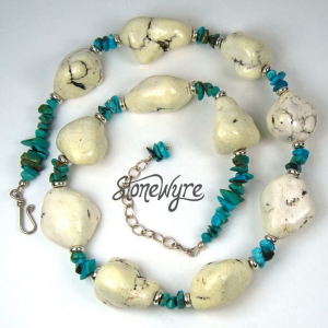 Blue and White Turquoise Nugget Necklace Bold Genuine Hubei Sterling Silver